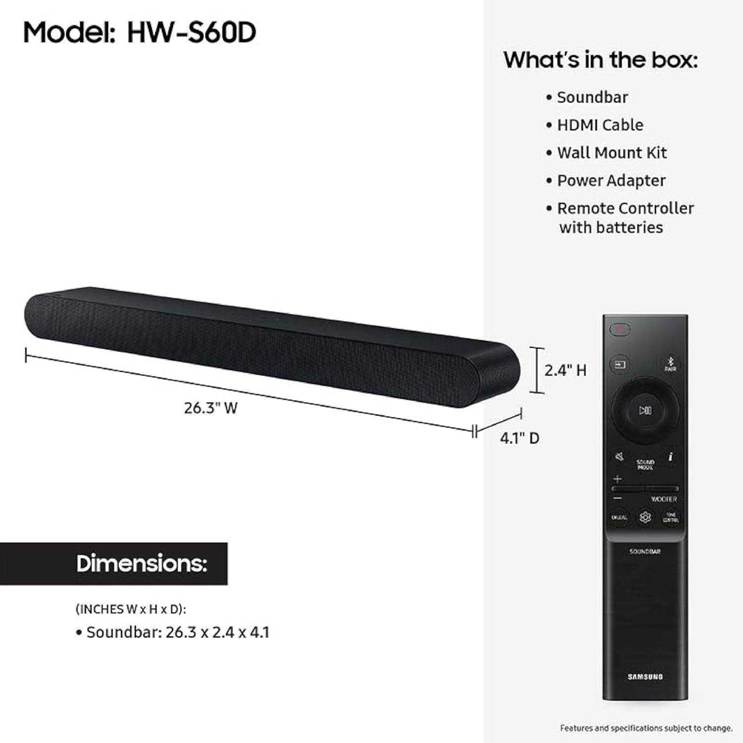 Samsung HW-S60D 5.0ch All-in-One Soundbar w/ Wireless Dolby Atmos (2024)- HW-S60D