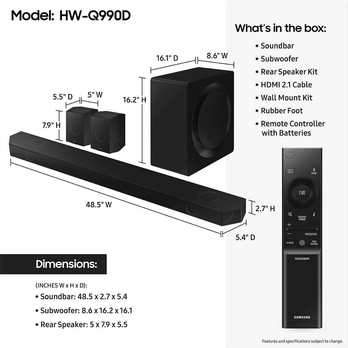 Samsung Q-series 11.1.4 ch. Wireless Dolby ATMOS Soundbar (2024) - HW-Q990D + Plus 2-Year Extended Warranty