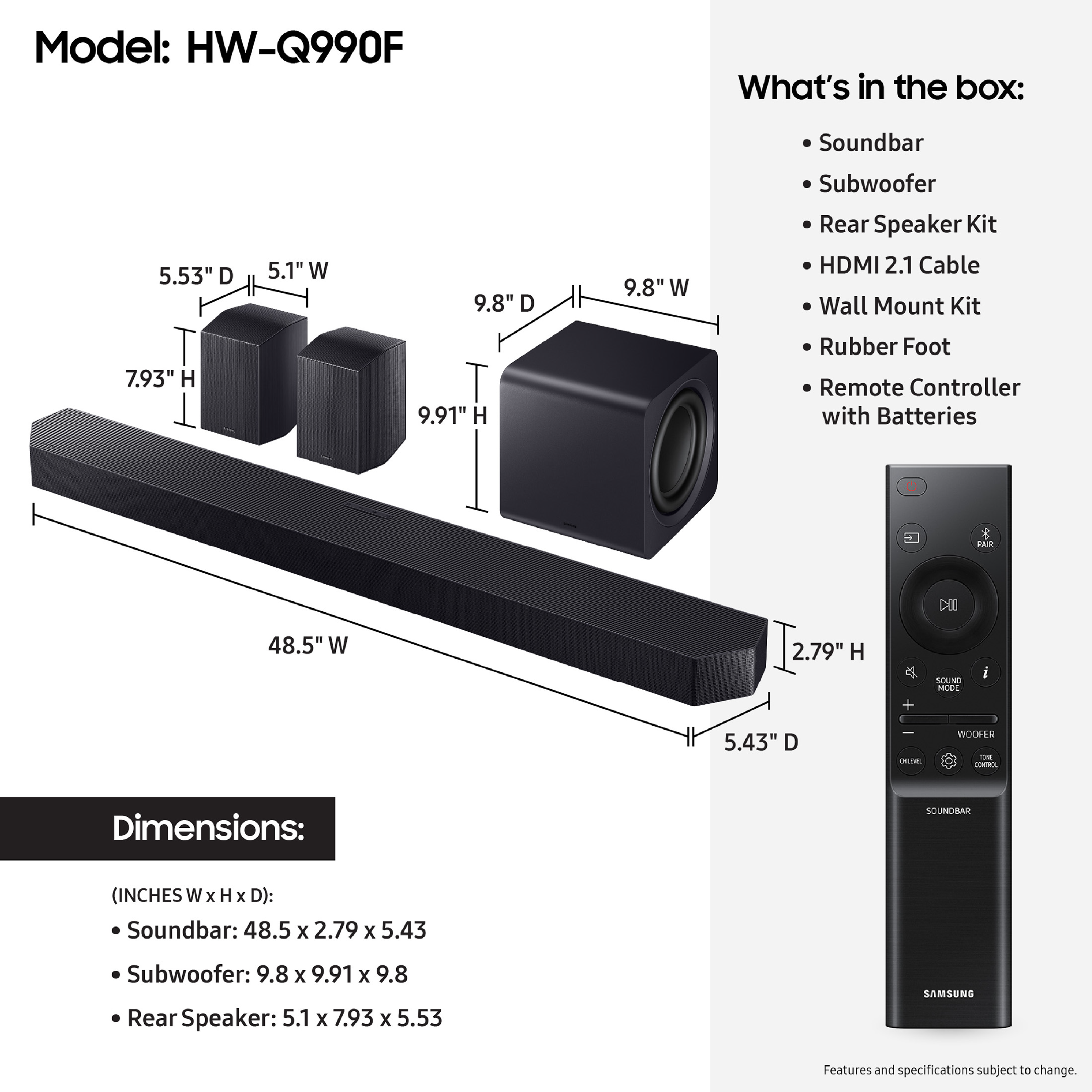 Samsung Q-series Soundbar HW-Q990F 11.1.4 ch Subwoofer & Rear Speaker (2025) (Used like new)