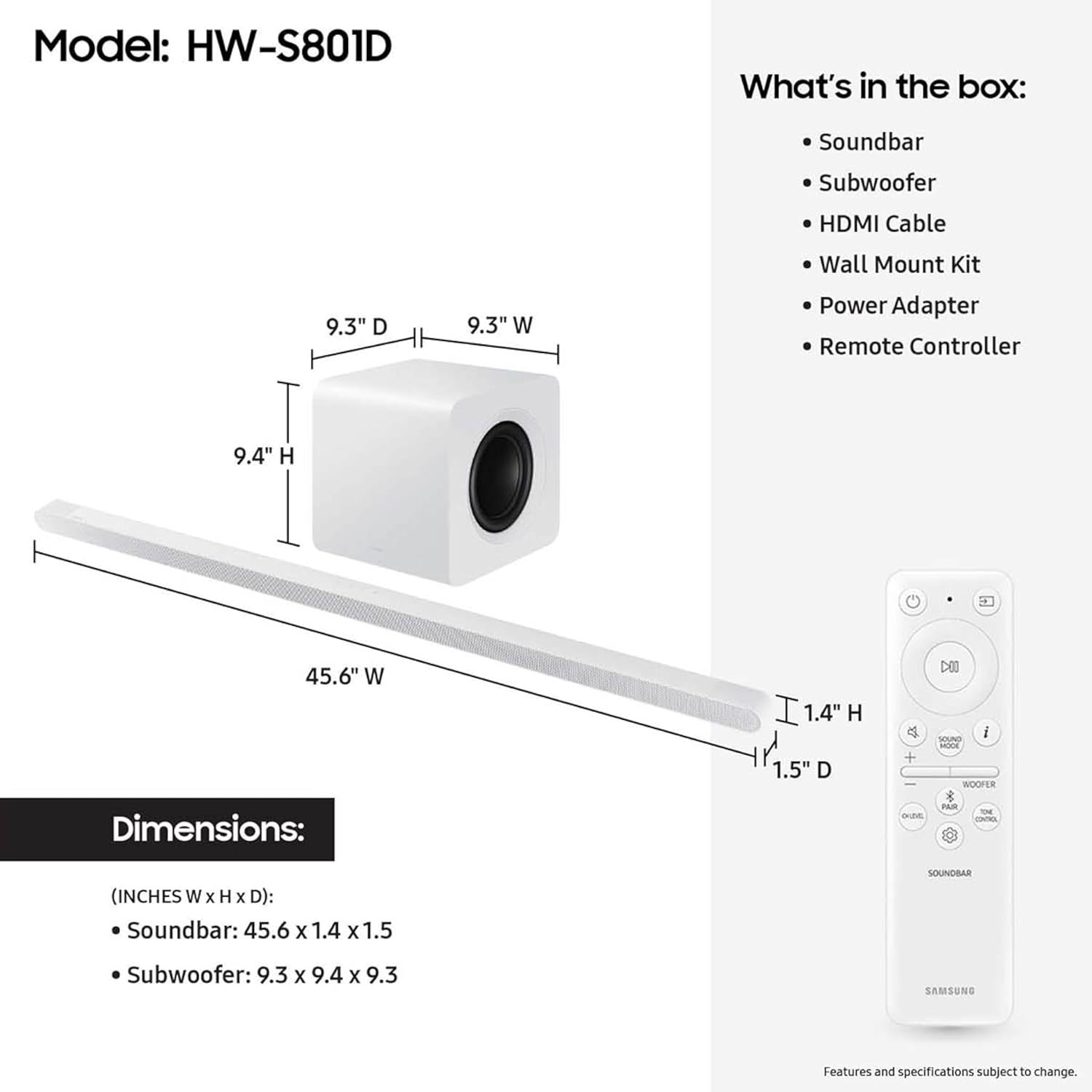 Samsung S-series 3.1.2 ch. Wireless Dolby ATMOS Soundbar (2024) - HW-S801D/ZA