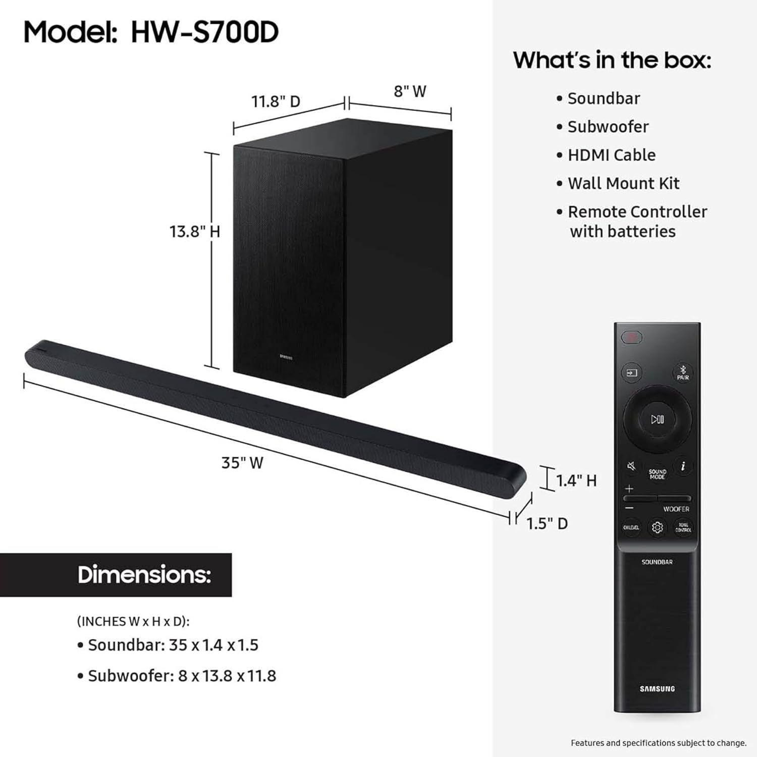 Samsung S-series 3.1.2 ch. Wireless Dolby ATMOS Soundbar (2024) - HW-S700D/ZA