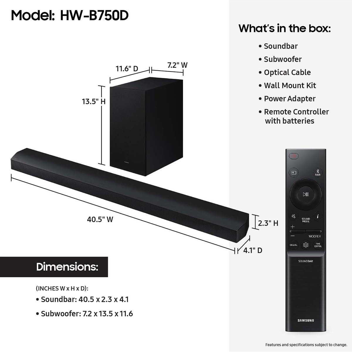 Samsung B-series 5.1ch. DTS Virtual: X Soundbar w/Bass Boost (2024) - HW-B750D