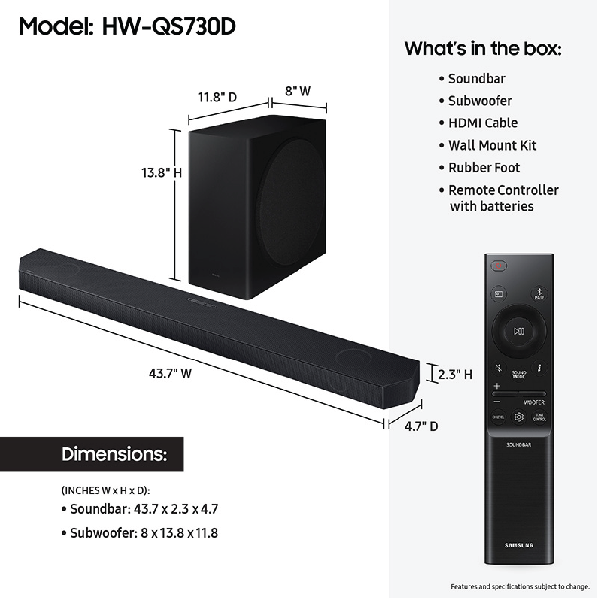 Samsung Q-series 5.1.2 ch. Wireless Dolby ATMOS Soundbar (2024) - HW-QS730D/ZA