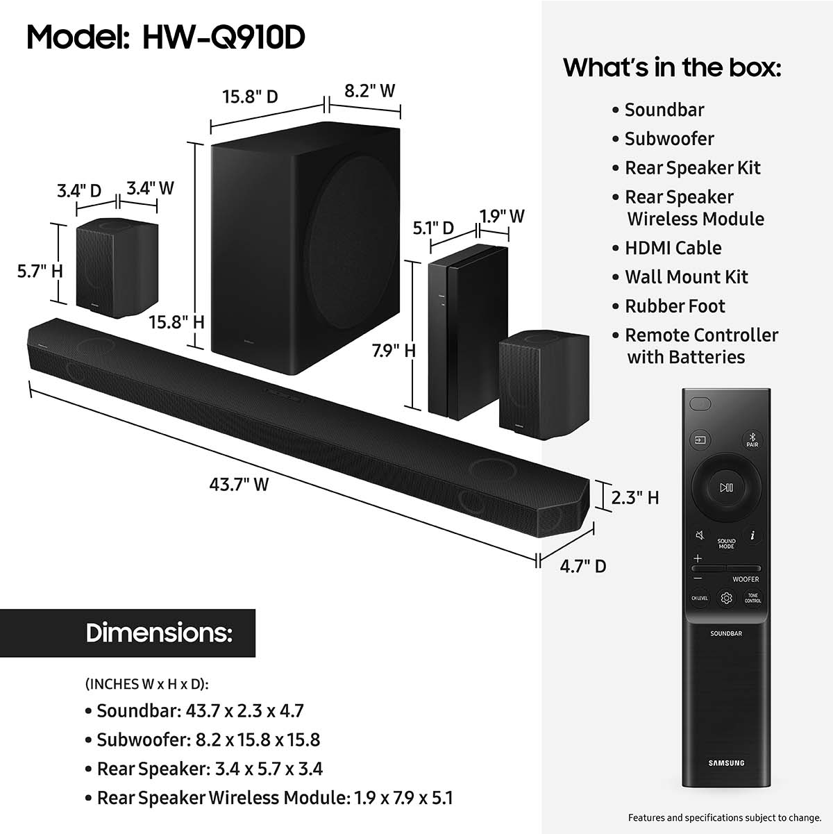 Samsung Q-series 9.1.2 ch. Wireless Dolby ATMOS Soundbar (2024) - HW-Q910D/ZA