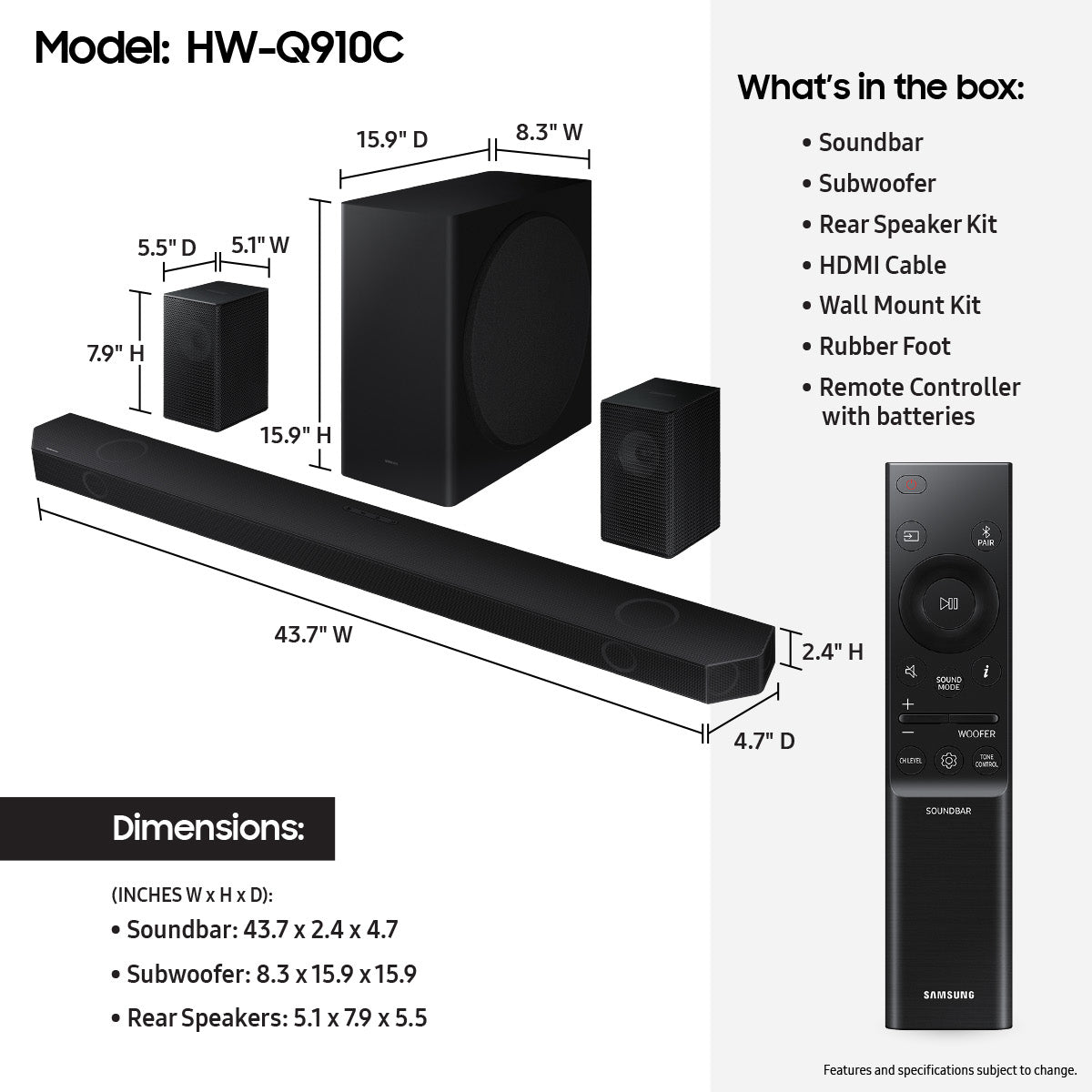 Samsung HW-Q910C/ZA Q-series 9.1.2 ch. Wireless Dolby ATMOS Soundbar (2023) - Q910C