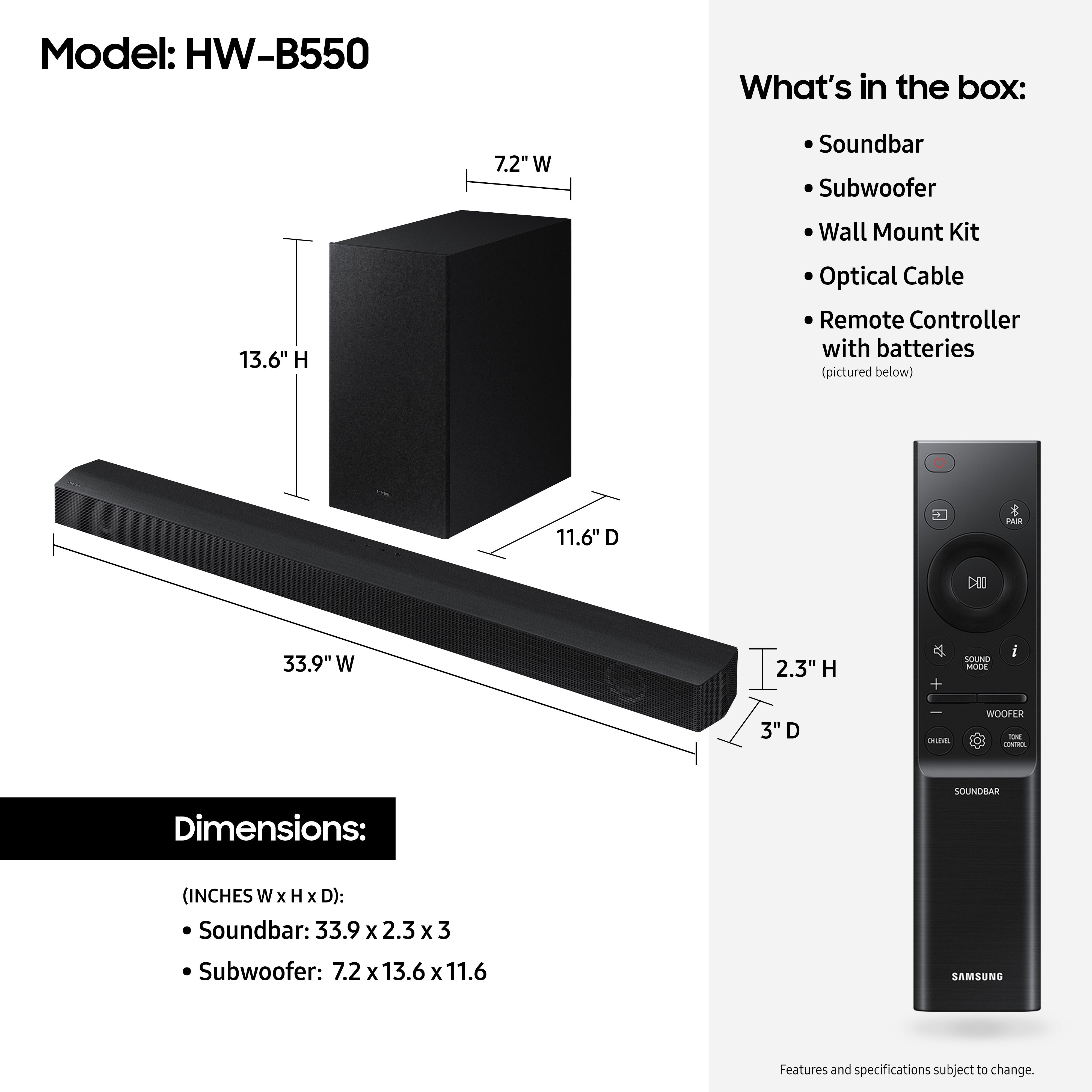 Samsung HW-B550 2.1ch Soundbar w/ Dolby Audio (2022) - HW-B550/ZA
