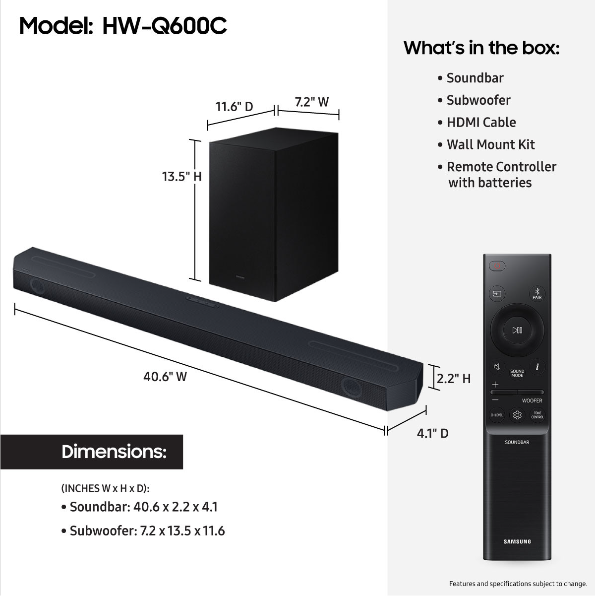 Samsung HW-Q600C Q-series 3.1.2 ch. Dolby ATMOS Soundbar w/ Q-Symphony (2023) - HW-Q600C