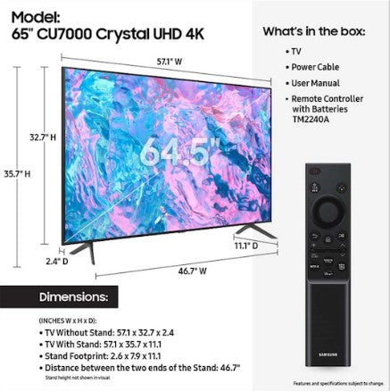 Samsung 65" Class CU7000 Crystal UHD 4K Smart TV (2023) - UN65CU7000FXZA