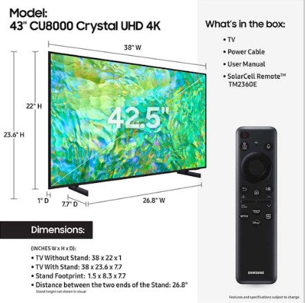 Samsung 43" Class CU8000 Crystal UHD 4K Smart TV (2023) - UN43CU8000FXZA